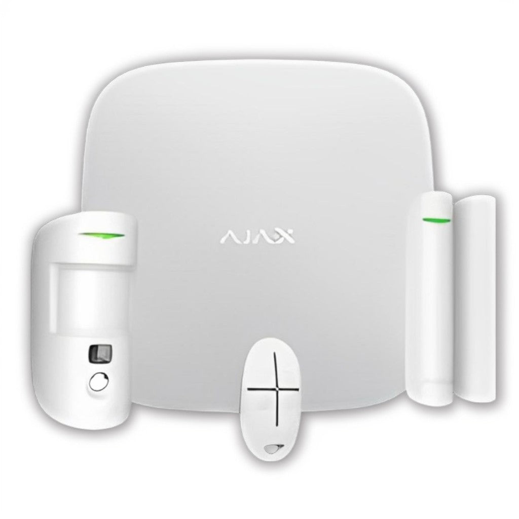 STARTERKITPLUS-CAM-W: Ajax Sicherheits-Startkit mit Kamera. Einfache Installation, drahtlose Kommunikation und SADIR-System zur automatischen Erkennung von Eindringlingen.