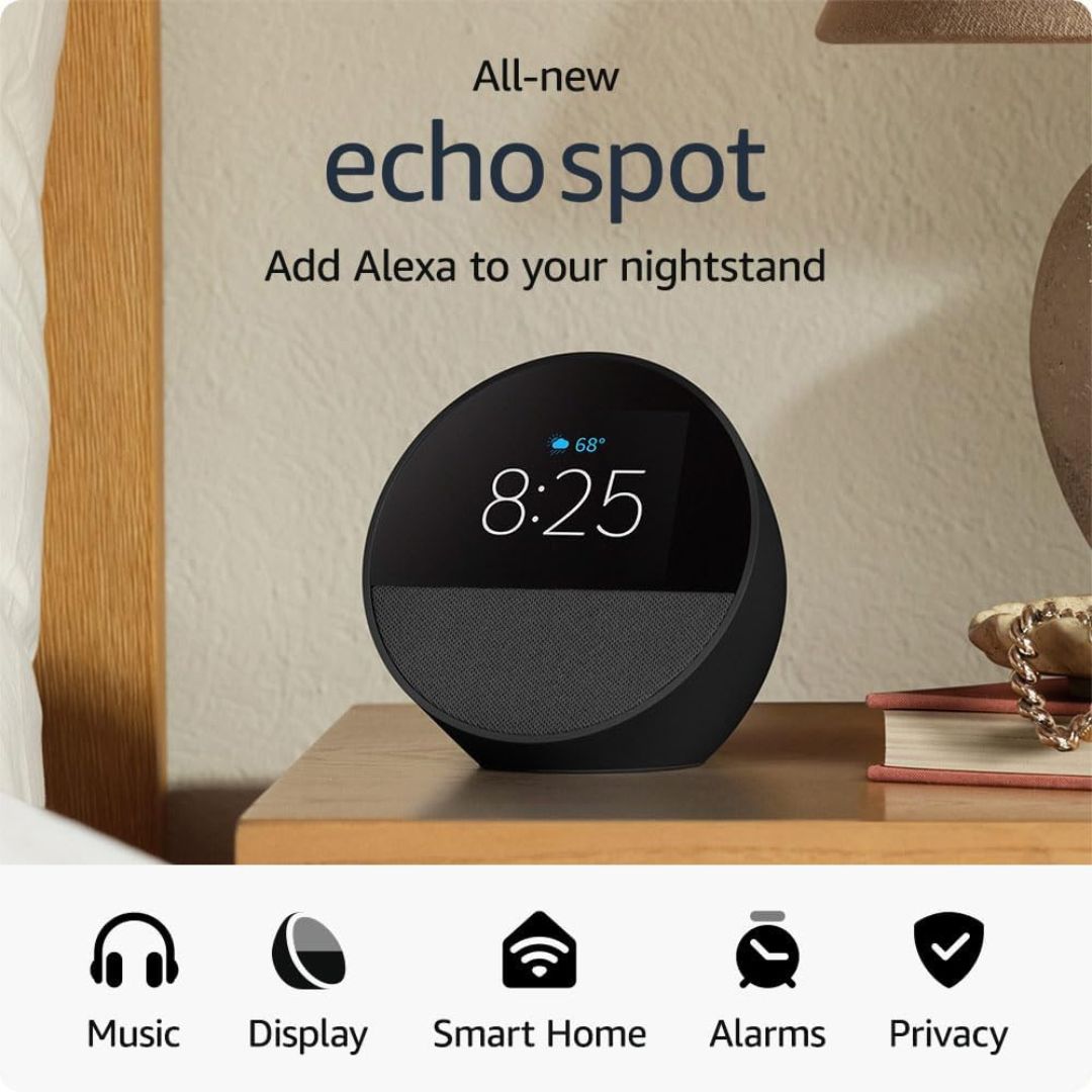 O Echo Spot é um despertador inteligente com Alexa e som de alta qualidade. Ideal para música e controle de dispositivos inteligentes. Compra já em Smartify.pt.