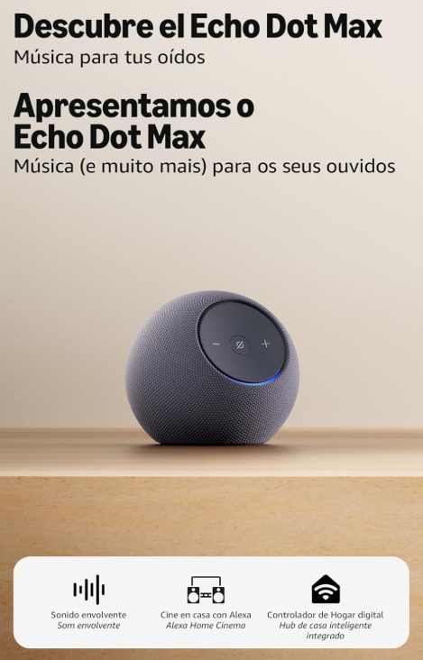 O Echo Dot Max é um altifalante inteligente projetado para oferecer áudio poderoso e envolvente, adaptando-se automaticamente ao ambiente para uma experiência sonora otimizada.