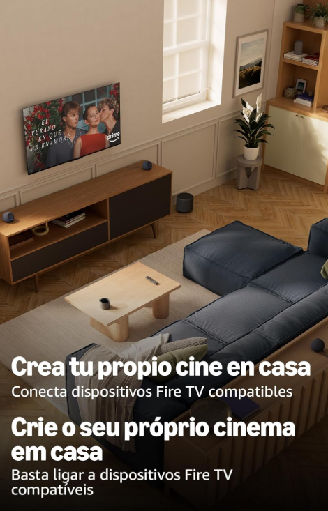 O Echo Dot Max é um altifalante inteligente projetado para oferecer áudio poderoso e envolvente, adaptando-se automaticamente ao ambiente para uma experiência sonora otimizada.