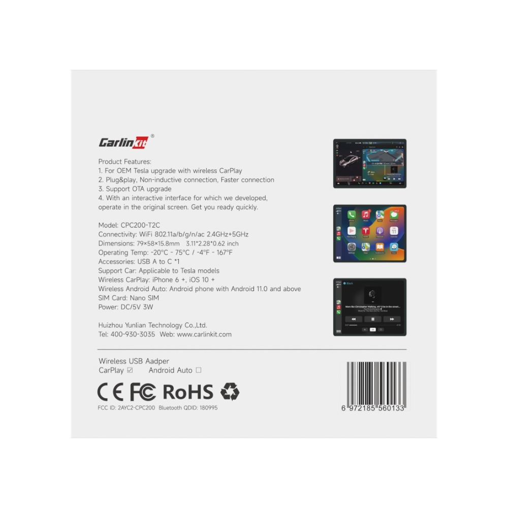 Atualize o sistema do seu Tesla com o Carlinkt CPC200-T2C, um adaptador sem fios que adiciona CarPlay e Android Auto ao seu veículo. Com ele, pode ouvir música, fazer chamadas e utilizar comandos de voz com Siri ou Google Assistant, sem necessidade de cabos.