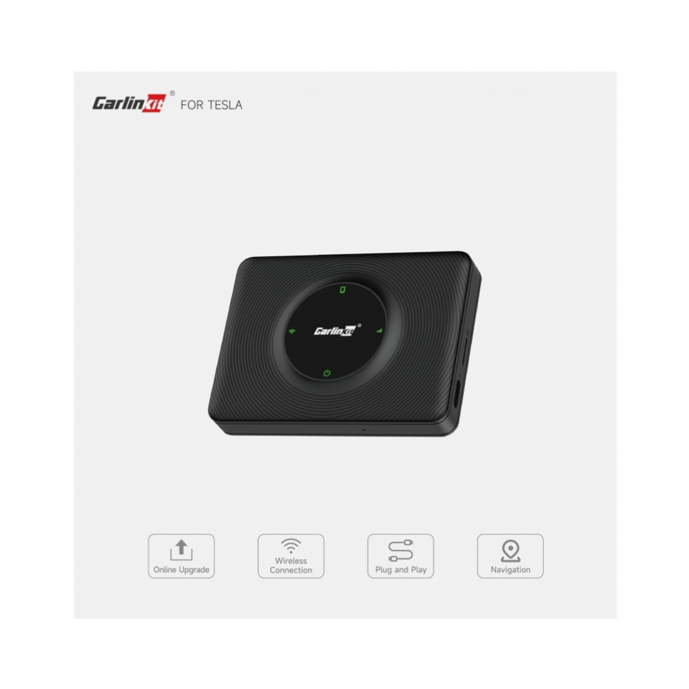 Atualize o sistema do seu Tesla com o Carlinkt CPC200-T2C, um adaptador sem fios que adiciona CarPlay e Android Auto ao seu veículo. Com ele, pode ouvir música, fazer chamadas e utilizar comandos de voz com Siri ou Google Assistant, sem necessidade de cabos.