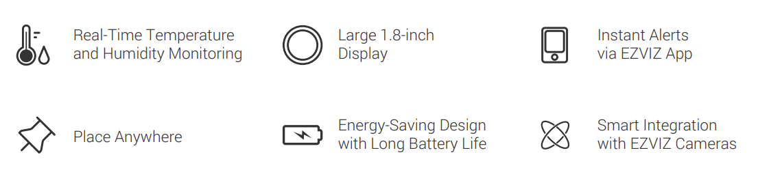EZVIZ T51C utiliza um sensor digital de alta precisão para fornecer dados exatos sobre o ambiente da tua casa. Com ecrã grande de 1.8 polegadas, podes consultar temperatura e humidade à distância ou diretamente no dispositivo. Alertas instantâneos na aplicação EZVIZ quando há alterações significativas.