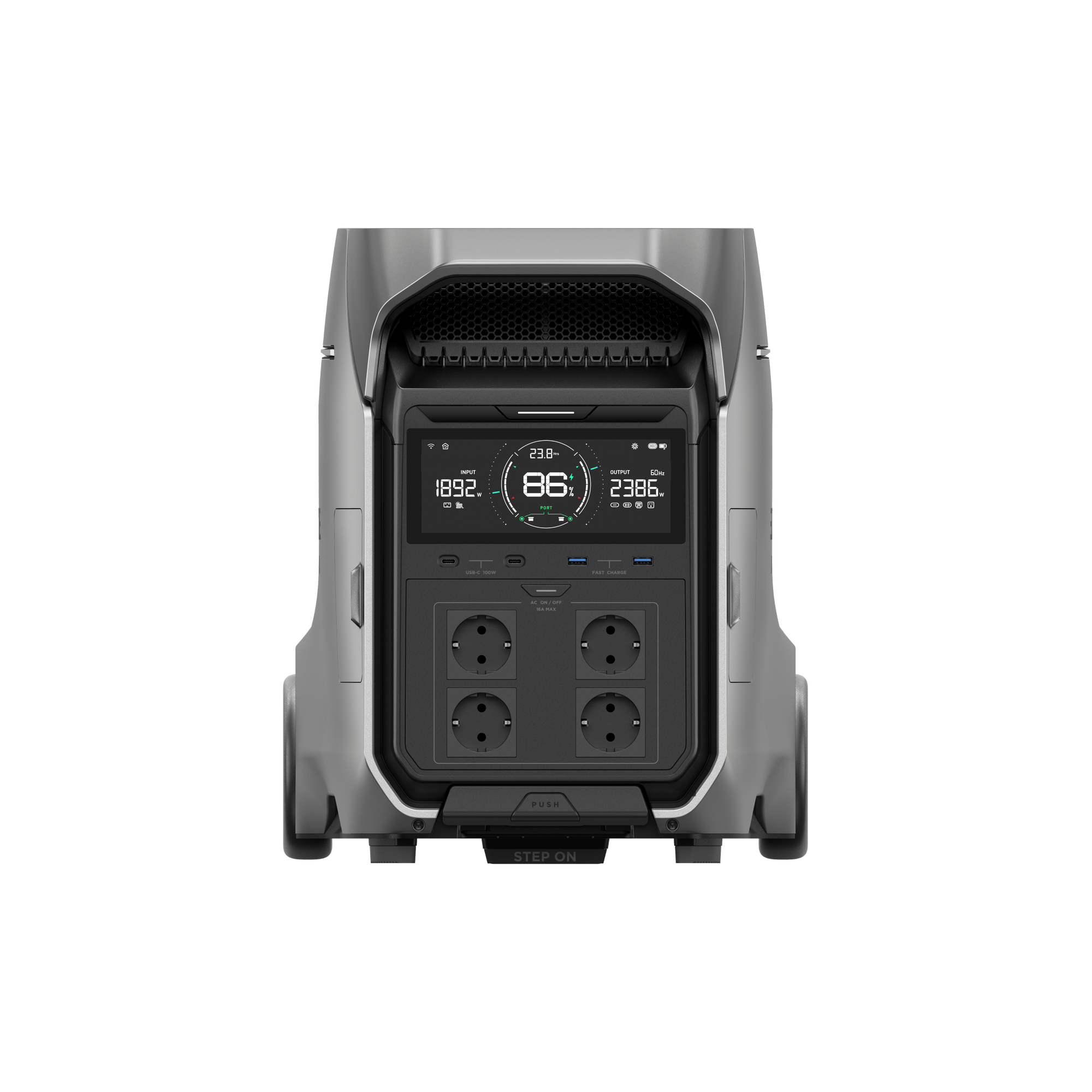 EcoFlow Delta 3 Pro Gerador Portátil 4096Wh - detalhe das portas de carregamento