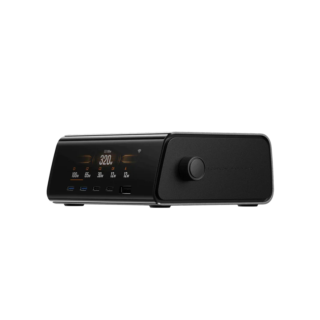 EcoFlow RAPID Pro estação de carregamento com 5 portas USB + pogo magnético. 320W total, 140W por porta USB-C. GaN compacto, app EcoFlow, display LCD 3" com dial físico. Powerbank 27k a 80% em 20min.