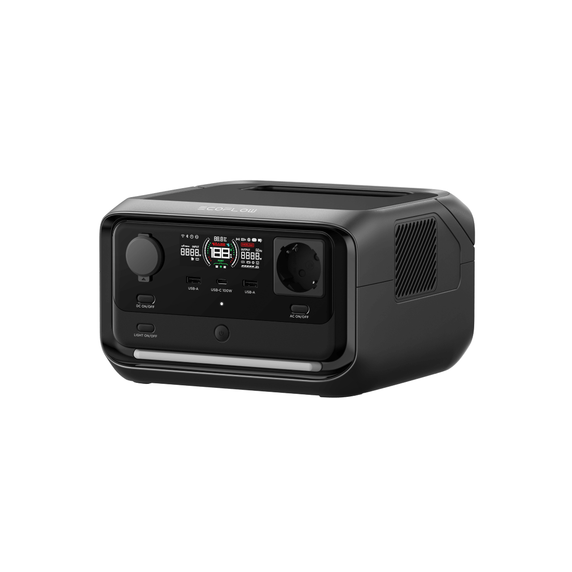 Estação de energia portátil de 286 Wh com 600 W de saída, X-Boost a 1200 W, recarga rápida em 1 hora e função UPS para proteção de dispositivos sensíveis.