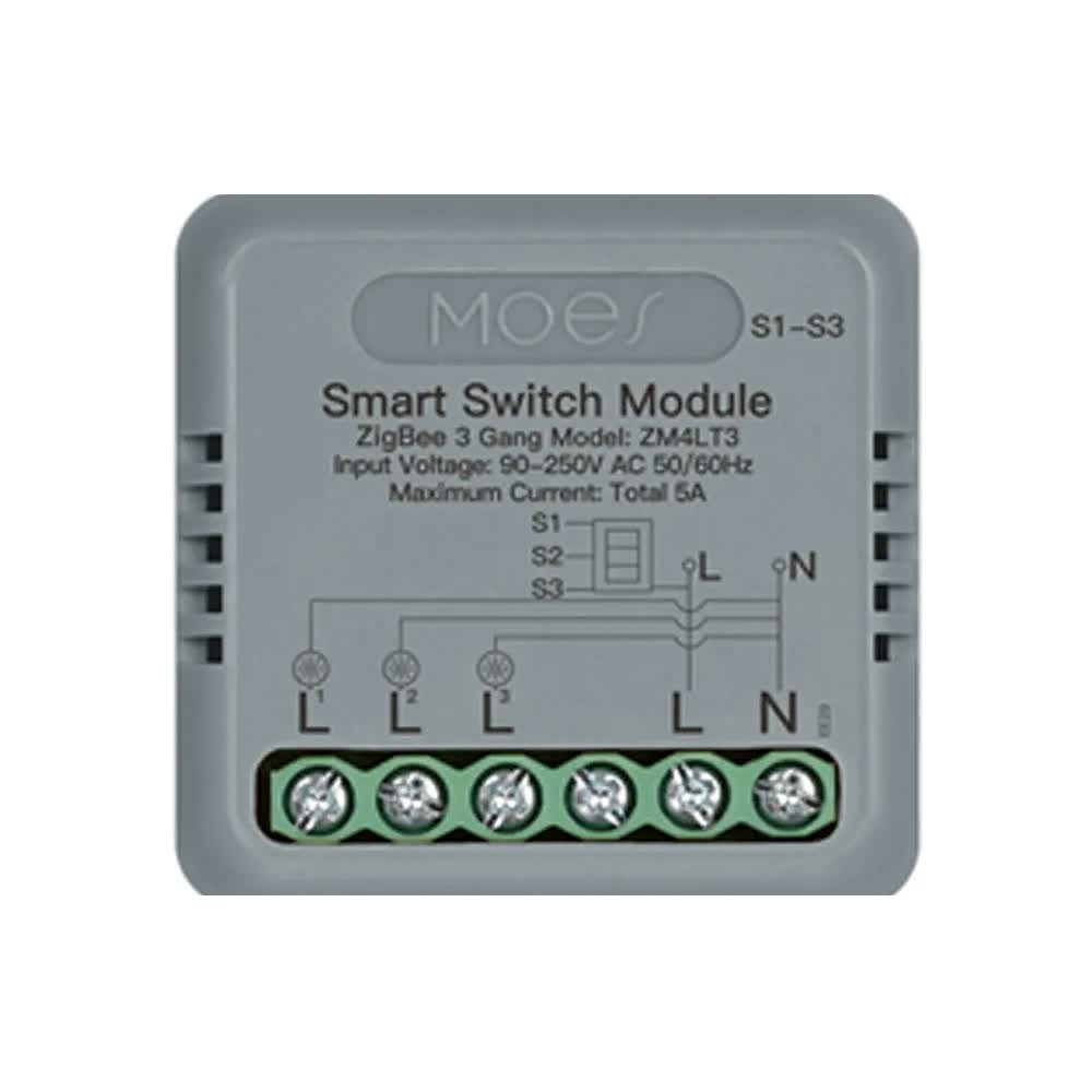 Moes ZM-104C-M-LT Zigbee-Modul mit 3 Kanälen auf weißem Hintergrund