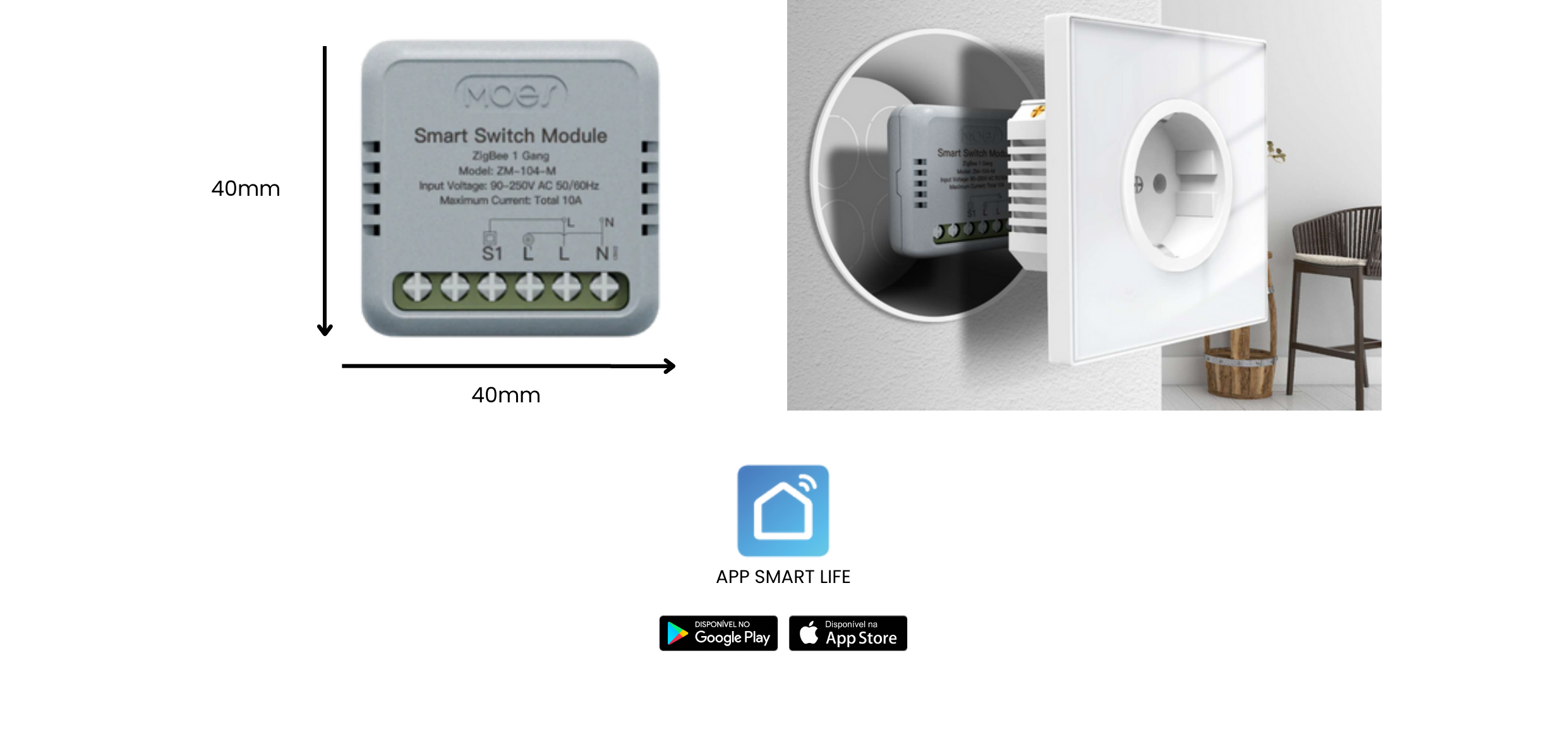 Dimensões e instalação módulo dimmer Moes Zigbee