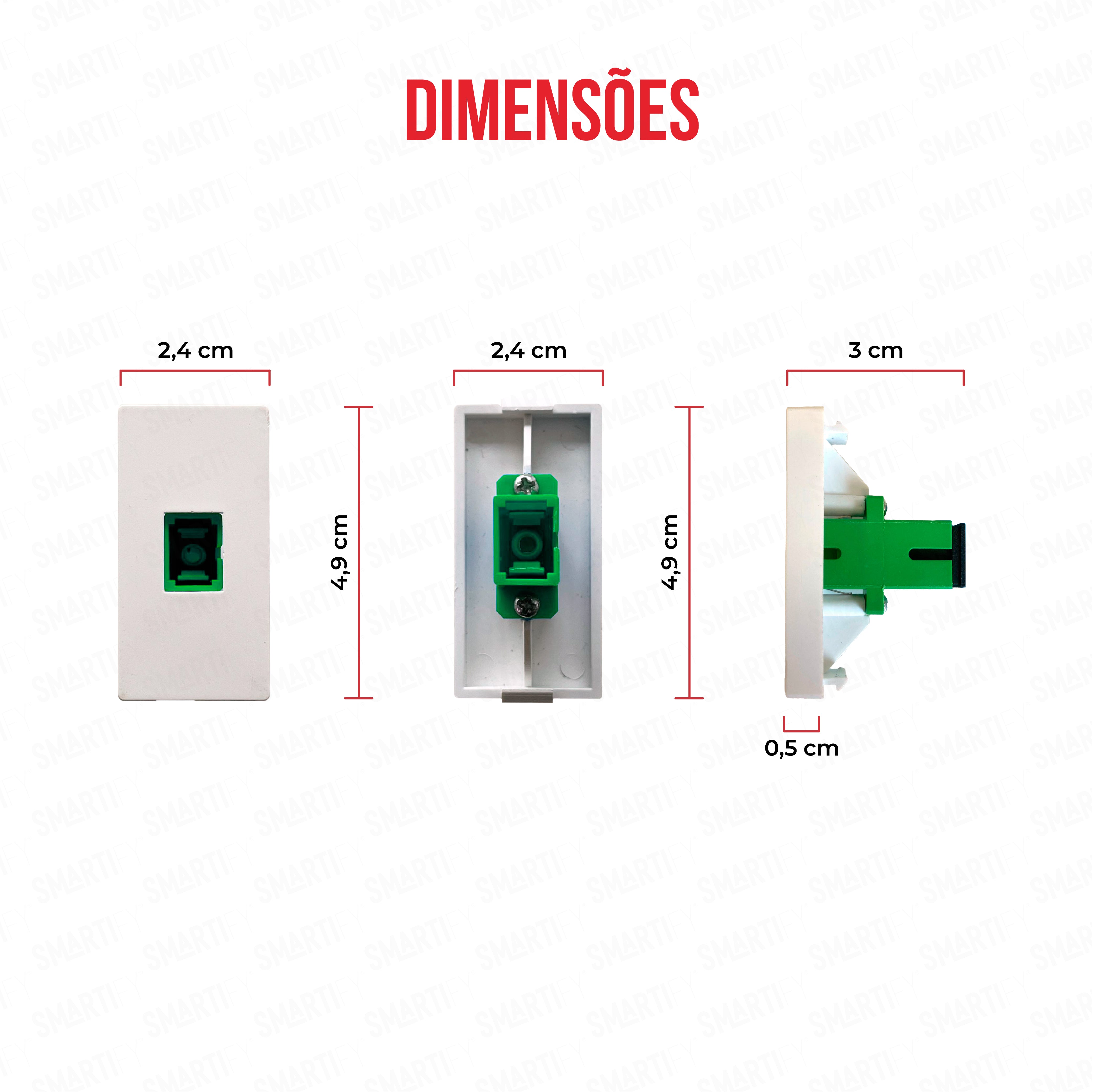 Meio Módulo SC APC Branco – imagem exibindo as dimensões do produto, destacando seu design compacto.
