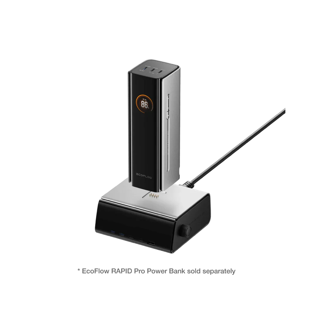 EcoFlow RAPID Pro estação de carregamento com 5 portas USB + pogo magnético. 320W total, 140W por porta USB-C. GaN compacto, app EcoFlow, display LCD 3" com dial físico. Powerbank 27k a 80% em 20min.