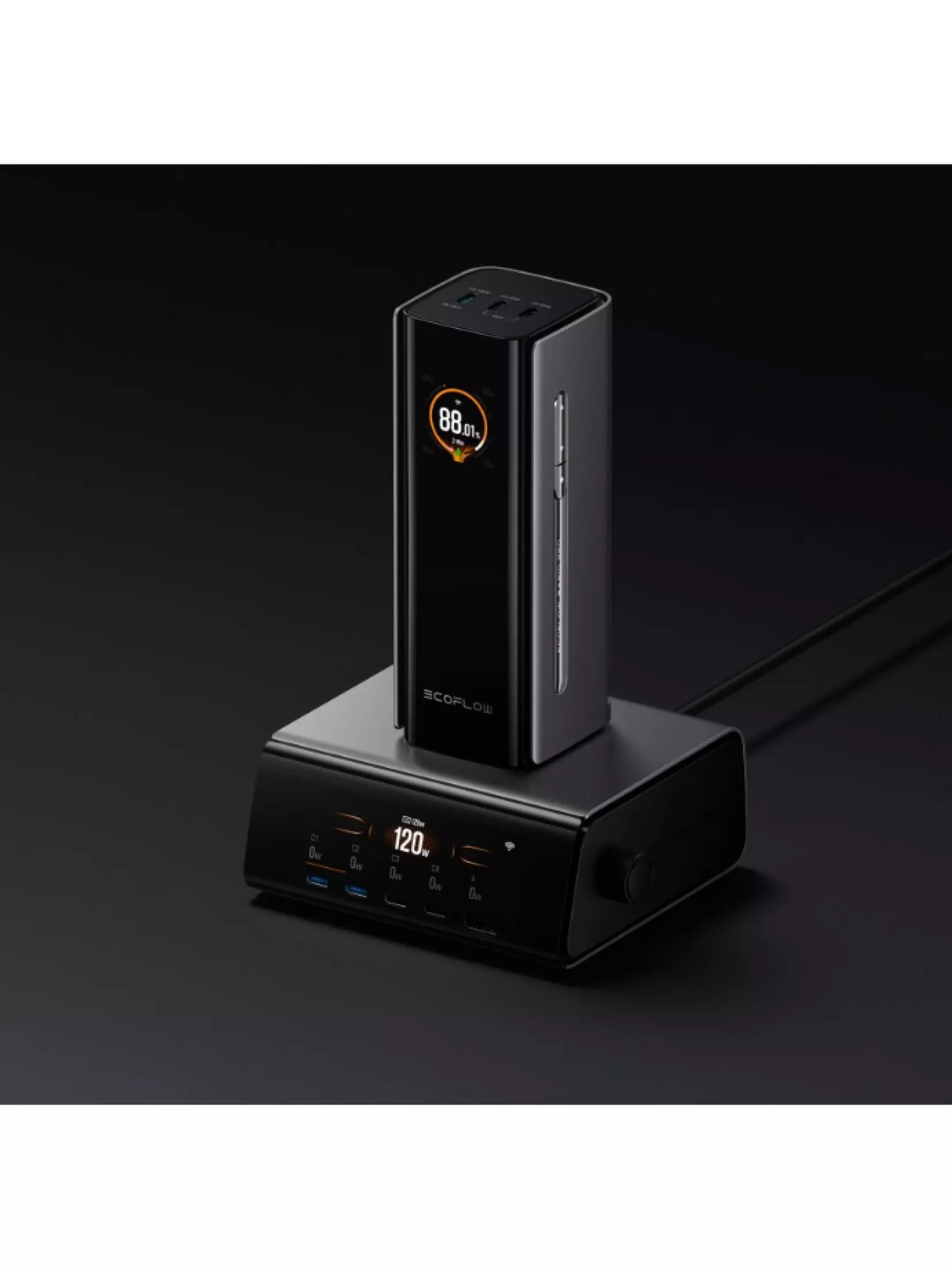 EcoFlow RAPID Pro estação de carregamento com 5 portas USB + pogo magnético. 320W total, 140W por porta USB-C. GaN compacto, app EcoFlow, display LCD 3" com dial físico. Powerbank 27k a 80% em 20min.