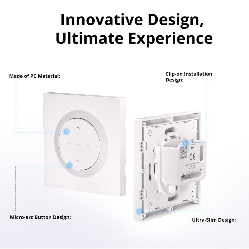 O SONOFF ERBS é um interruptor de parede elegante e robusto da série Fusion, desenvolvido especialmente para utilização com os módulos inteligentes SONOFF MINI-RBS e MINI-ZBRBS. Fabricado em policarbonato (PC) de alta qualidade, oferece resistência ao fogo, durabilidade e um design ultrafino, ideal para instalações modernas e discretas.