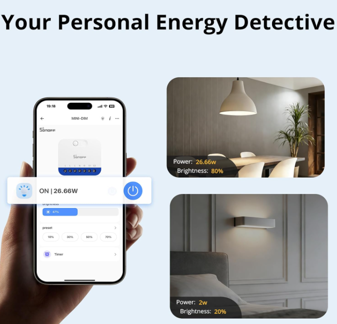 Der SONOFF MINI-DIM ist ein ultra-kompakter intelligenter Dimmer der MINI Extreme-Serie, entwickelt, um traditionelle Schalter in intelligente Beleuchtungssysteme zu verwandeln