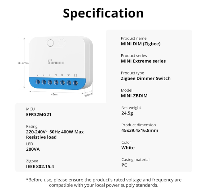 O SONOFF MINI-ZBDIM é um dimmer inteligente ultra-compacto que permite transformar um interruptor tradicional num sistema de iluminação inteligente com regulação de intensidade.