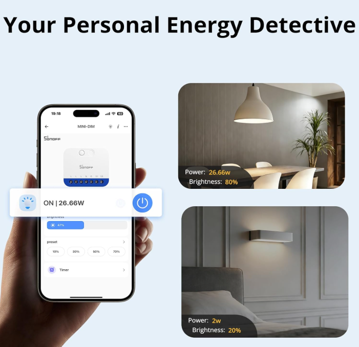 O SONOFF MINI-ZBDIM é um dimmer inteligente ultra-compacto que permite transformar um interruptor tradicional num sistema de iluminação inteligente com regulação de intensidade.