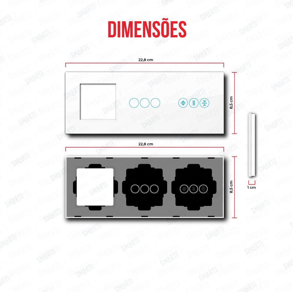 Smartify vPRO Plaque de finition Triple (découpe + 3 boutons + volets roulants) Blanc - SYPE30003ESBR – dimensions de plaque de finition compacte avec finition en verre trempé.