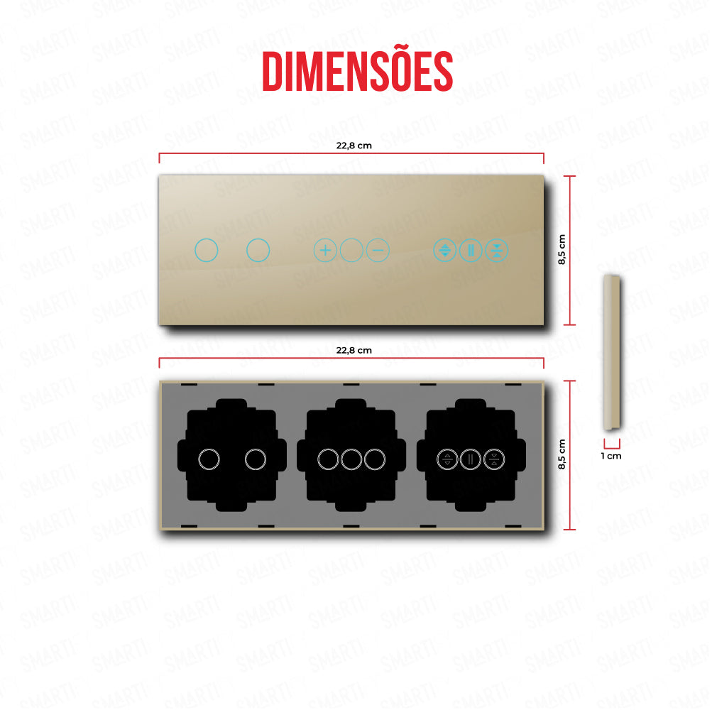 Smartify vPRO Espelho Triplo (2 botões + Dimmer + Estores) Dourado - SYPE3021DESDR