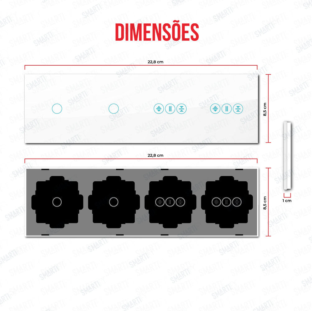 Smartify vPRO Espelho Quadruplo (1 botão + 1 botão + estores + estores) Branco - SYPE40101ESESBR – dimensões de espelho compacto com acabamento em vidro temperado.
