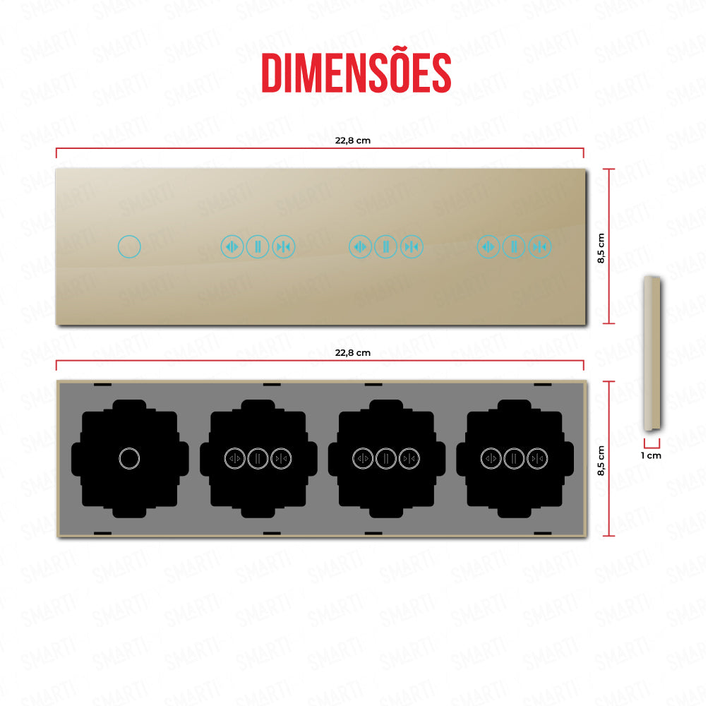 Smartify vPRO Espelho Quadruplo (1 botão + Cortinas + Cortinas + Cortinas) Dourado - SYPE401CTCTCTDR