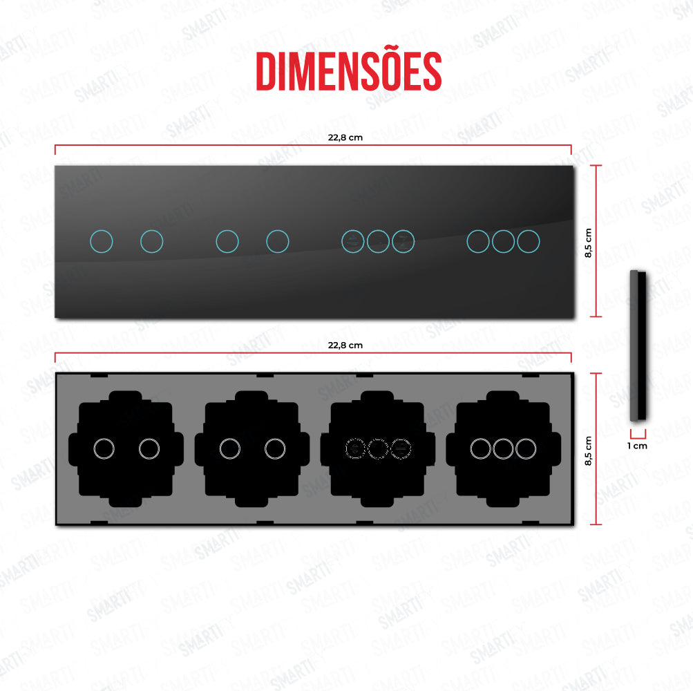 Smartify vPRO Espejo Cuádruple (2 botones + 2 botones + 3 botones + 3 botones) Negro - SYPE402020303PR – dimensiones del espejo compacto con acabado en vidrio templado.