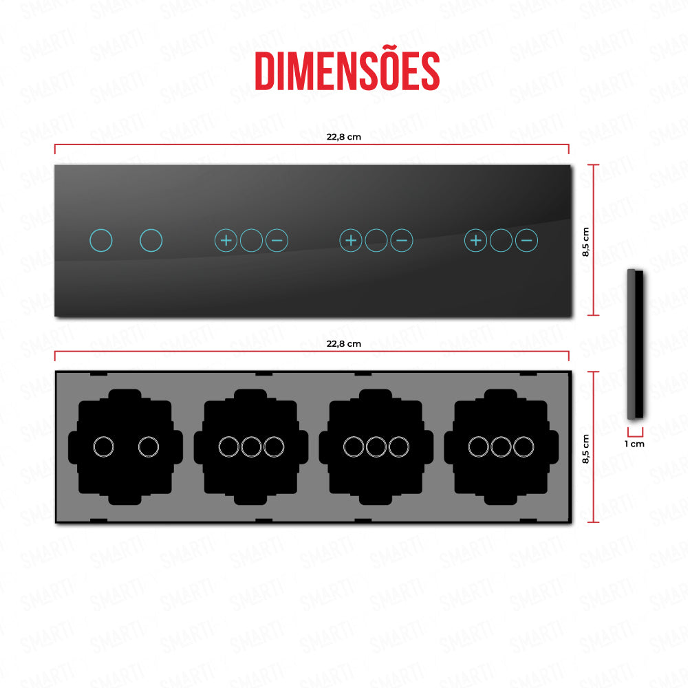 Smartify vPRO Espelho Quadruplo (2 botões + Dimmer + Dimmer + Dimmer) Preto - SYPE4021D1D1DPR