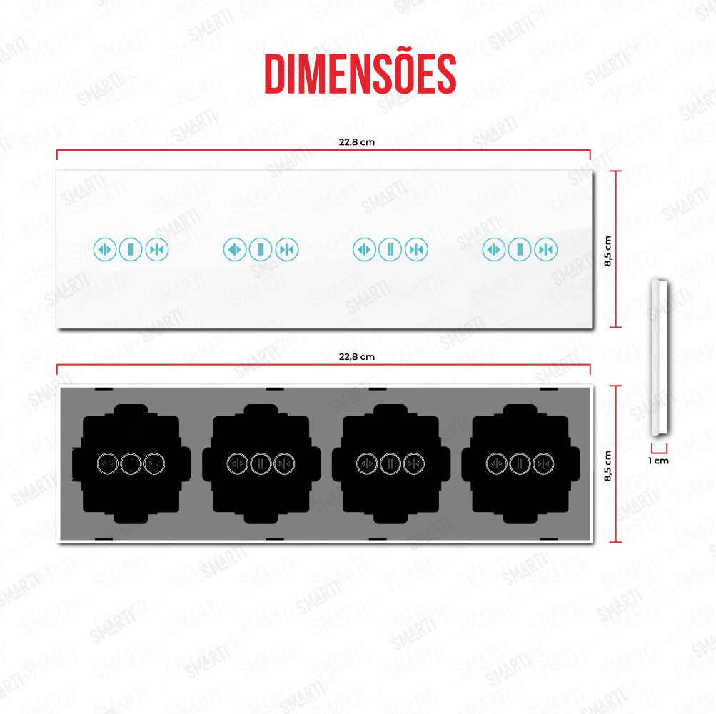 Smartify vPRO Espelho Quadruplo (cortinas + cortinas + cortinas + cortinas) Branco - SYPE4CTCTCTCTBR – dimensões de espelho compacto com acabamento em vidro temperado.