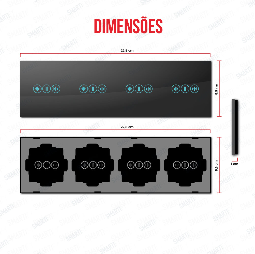 Smartify vPRO Espelho Quadruplo (cortinas + cortinas + cortinas + cortinas) Preto - SYPE4CTCTCTCTPR – dimensões de espelho compacto com acabamento em vidro temperado.