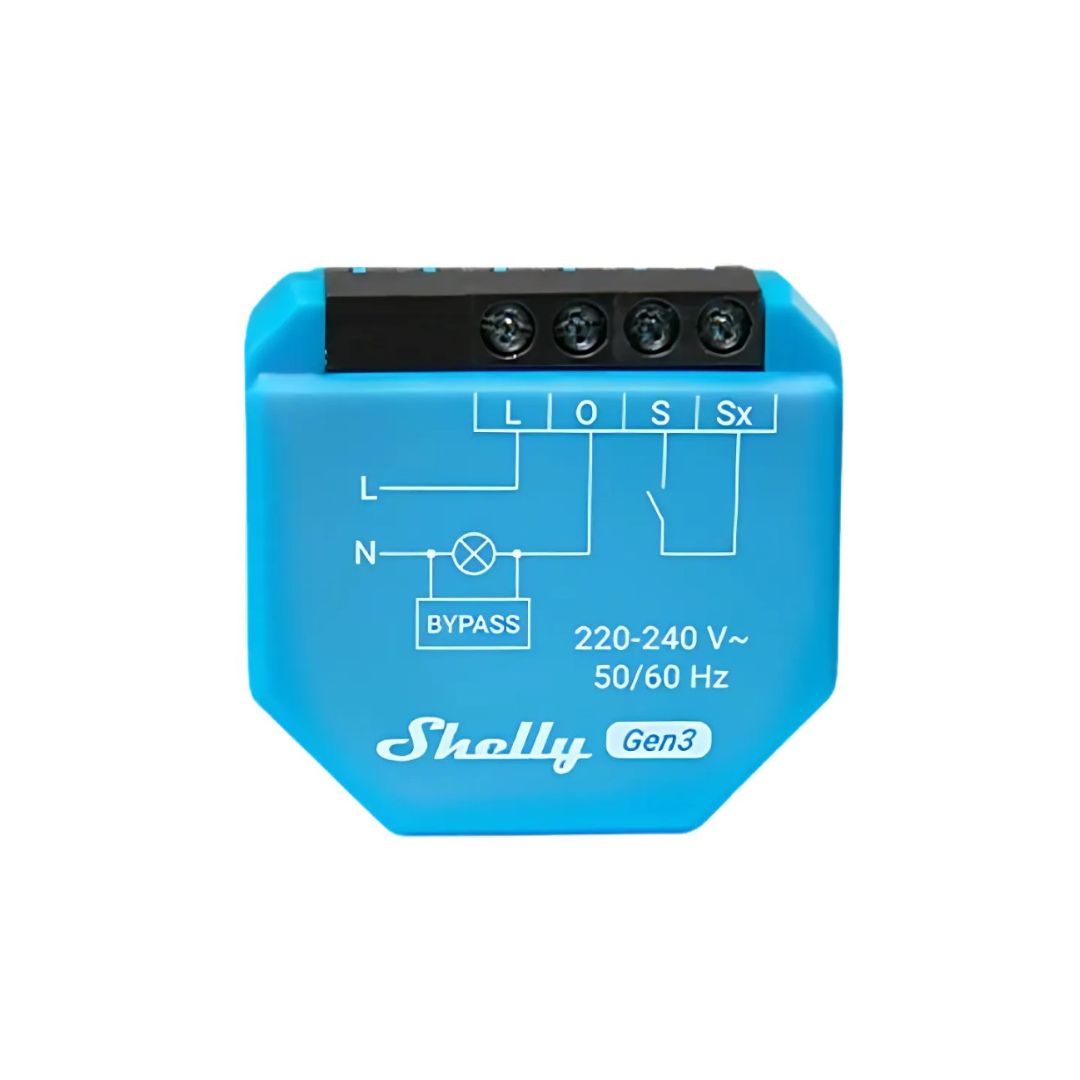 Interruptor inteligente Wi-Fi de 1 canal, sem fio neutro, ideal para cargas até 200W. Compatível com Alexa, Matter e inclui Shelly Bypass.