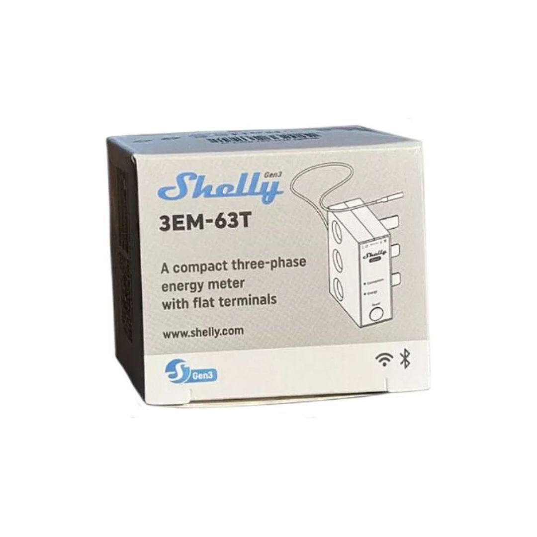 Medidor trifásico Shelly com Wi-Fi e TC’s de 63A, ideal para monitorização local ou remota.