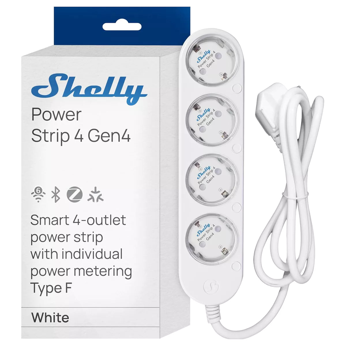 A Shelly Power Strip 4 Gen4 é uma régua inteligente de nova geração, criada para oferecer controlo total e monitorização independente de até quatro equipamentos elétricos. Compacta, moderna e altamente versátil, combina conectividade Wi-Fi, Bluetooth, Zigbee e Matter, permitindo integração perfeita com Apple HomeKit, Google Home, Alexa, SmartThings e plataformas de domótica como Home Assistant.