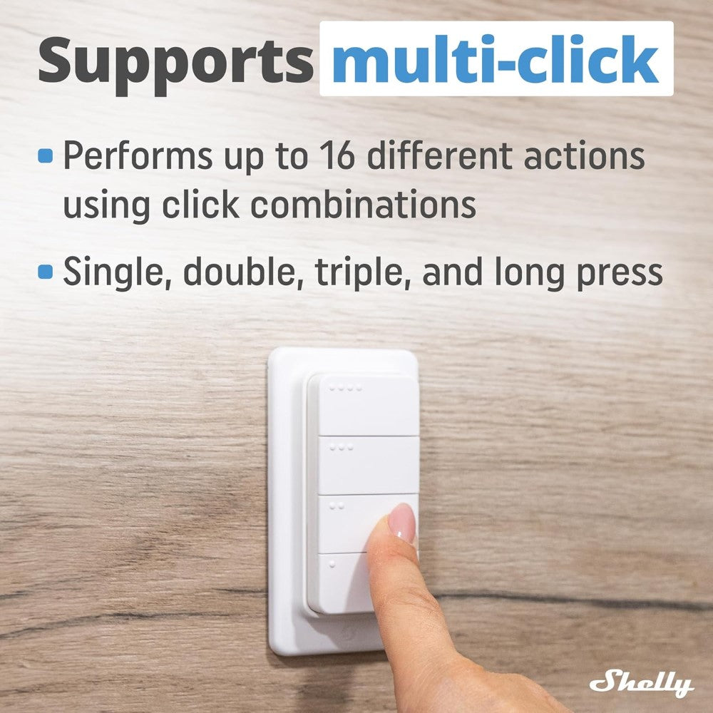 El Shelly BLU RC Button 4 ZB es un mando a distancia inteligente y inalámbrico, equipado con cuatro botones programables, diseñado para activar escenas, automatizaciones y dispositivos de forma rápida e intuitiva.