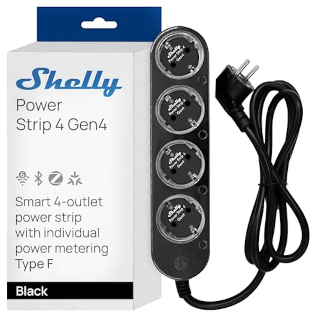 A Shelly Power Strip 4 Gen4 é uma régua de tomadas inteligentes de última geração, compacta, potente e extremamente versátil, ideal para controlar e monitorizar vários dispositivos elétricos de forma individual. Com suporte para Wi-Fi, Bluetooth, Zigbee e Matter, integra-se facilmente com os principais ecossistemas de automação doméstica, como Apple HomeKit, Alexa, Google Home e SmartThings.