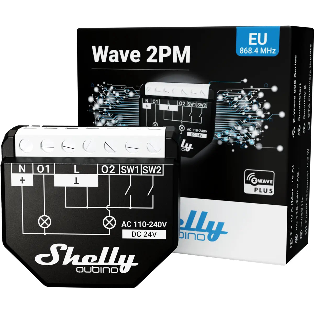 O Shelly Wave 2PM de 2 canais com medição de energia é uma solução compacta e versátil para controlo inteligente de iluminação ou outros circuitos elétricos.