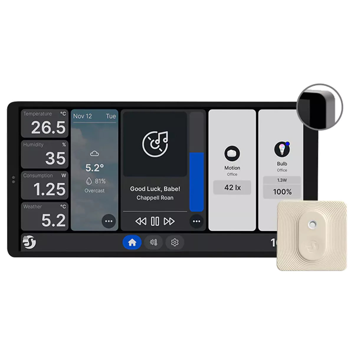 O Shelly Wall Display X2 é um painel de controlo doméstico inteligente equipado com ecrã tátil de 6,95”, ideal para gerir dispositivos, grupos e cenas de forma centralizada. Esta versão inclui o sensor Shelly BLU H&T, fornecendo dados precisos de temperatura e humidade em tempo real, permitindo uma gestão climática mais eficiente e automatizada.