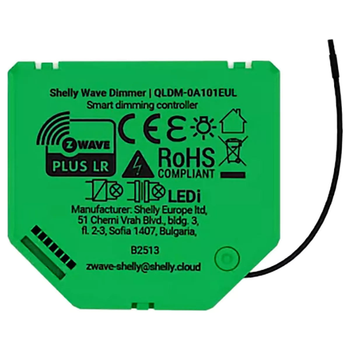O Shelly Wave Dimmer LR é um controlador inteligente de iluminação regulável até 200 W, compatível com Z-Wave Plus e Z-Wave Long Range. Permite instalação com ou sem fio neutro (bypass para cargas <5 W) e oferece medições em tempo real de potência, energia, corrente e tensão.