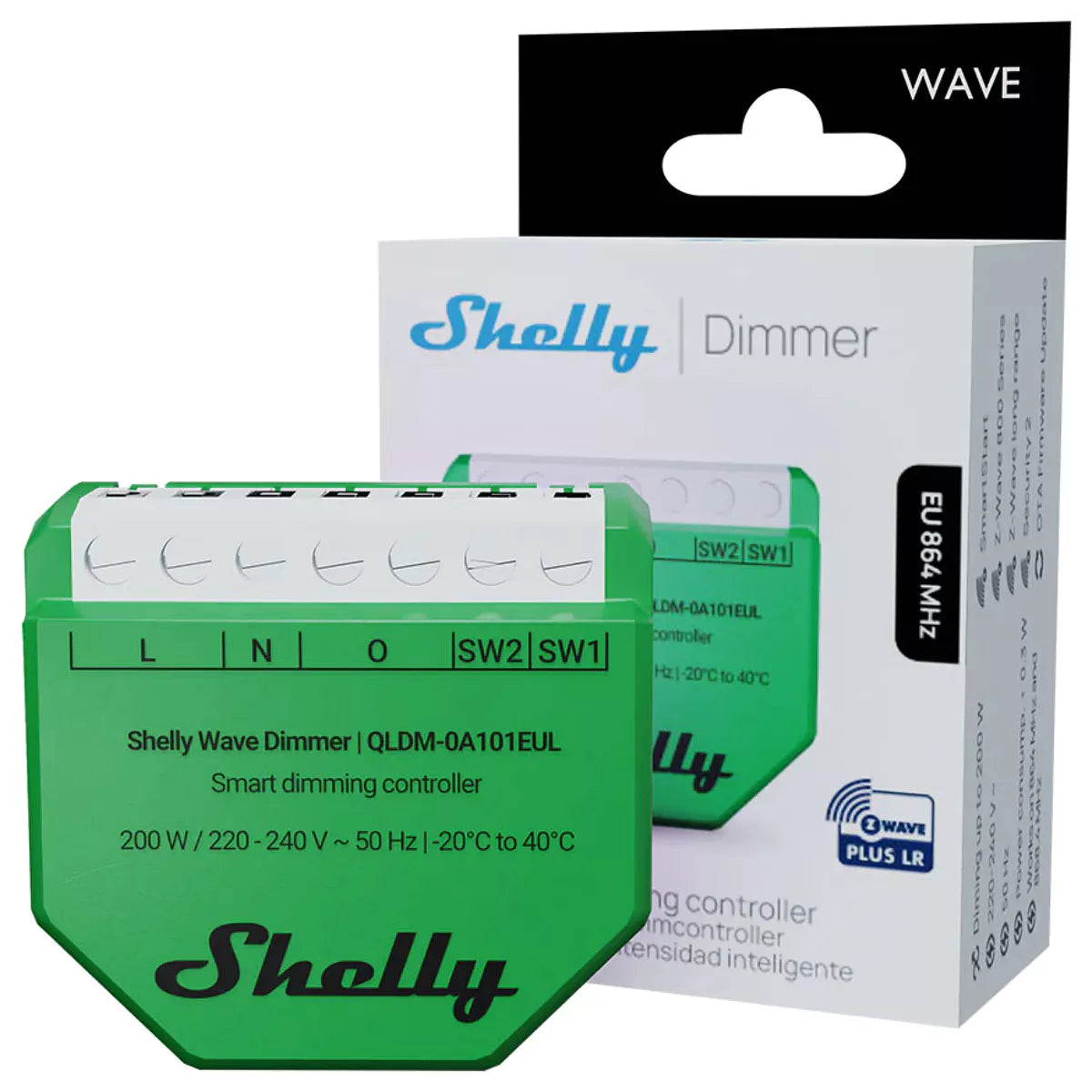O Shelly Wave Dimmer LR é um controlador inteligente de iluminação regulável até 200 W, compatível com Z-Wave Plus e Z-Wave Long Range. Permite instalação com ou sem fio neutro (bypass para cargas <5 W) e oferece medições em tempo real de potência, energia, corrente e tensão.