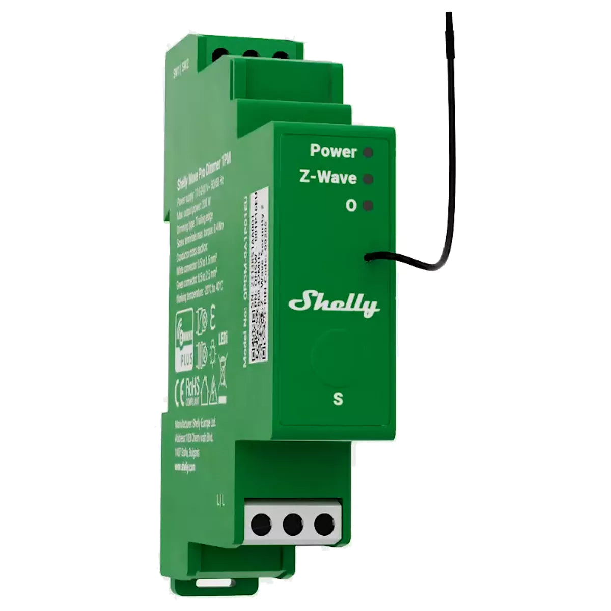 O Shelly Wave Pro Dimmer 1PM é um módulo dimmer inteligente de 1 canal, concebido para montagem em calha DIN, com medição de potência integrada e controlo remoto via Z-Wave S800 (868,4 MHz).