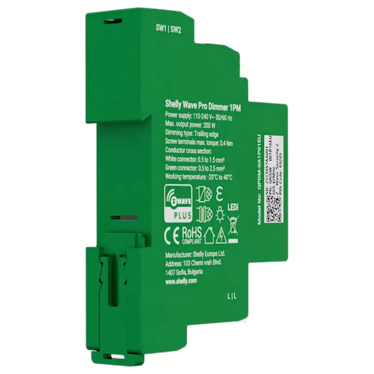 O Shelly Wave Pro Dimmer 1PM é um módulo dimmer inteligente de 1 canal, concebido para montagem em calha DIN, com medição de potência integrada e controlo remoto via Z-Wave S800 (868,4 MHz).