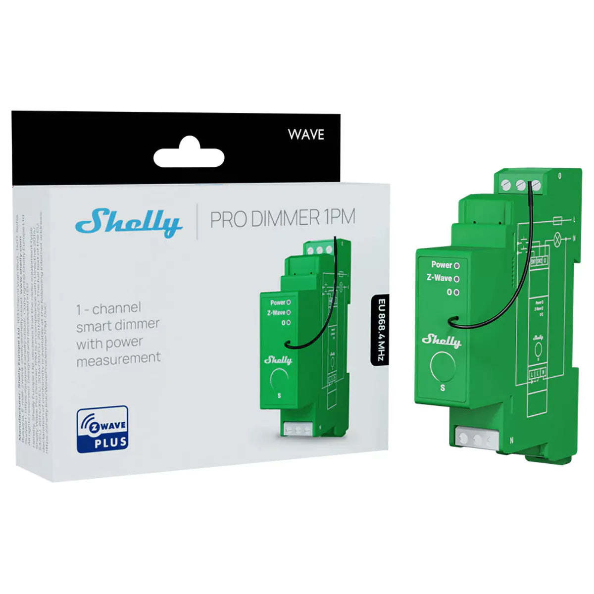O Shelly Wave Pro Dimmer 1PM é um módulo dimmer inteligente de 1 canal, concebido para montagem em calha DIN, com medição de potência integrada e controlo remoto via Z-Wave S800 (868,4 MHz).