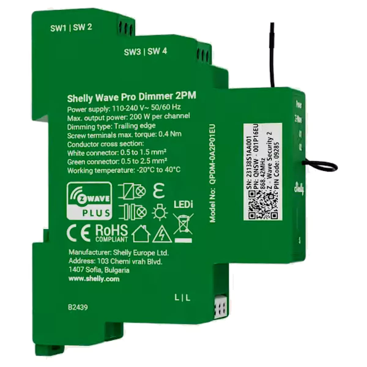 O Shelly Wave Pro Dimmer 2PM é um módulo dimmer inteligente de 2 canais, concebido para montagem em calha DIN, permitindo controlar e medir a potência de cada canal individualmente.