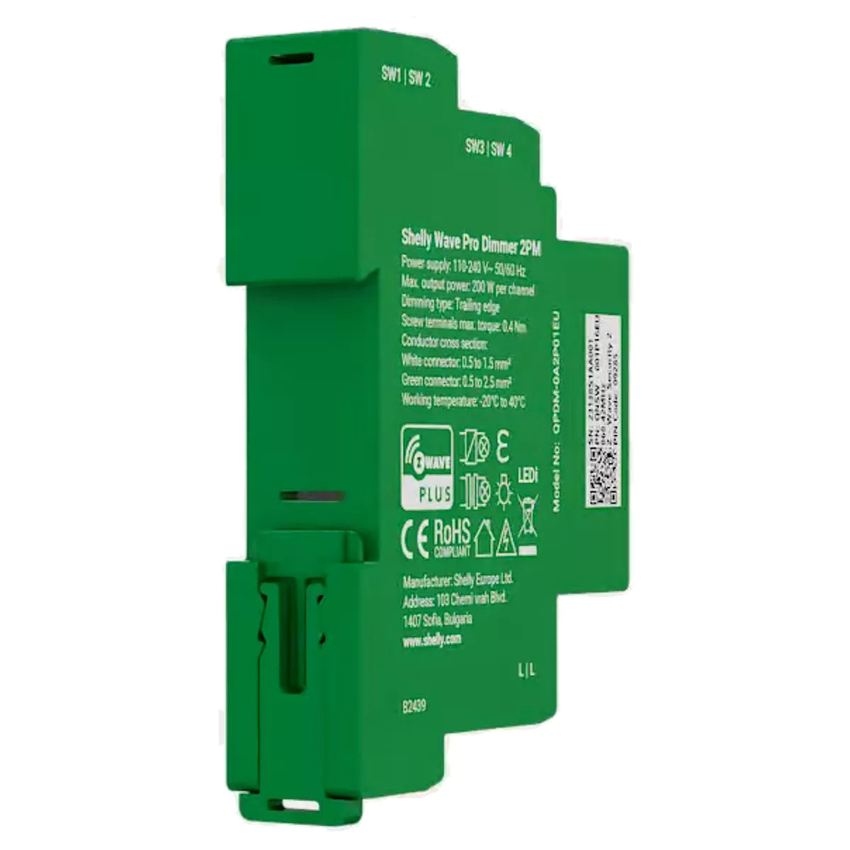 O Shelly Wave Pro Dimmer 2PM é um módulo dimmer inteligente de 2 canais, concebido para montagem em calha DIN, permitindo controlar e medir a potência de cada canal individualmente.