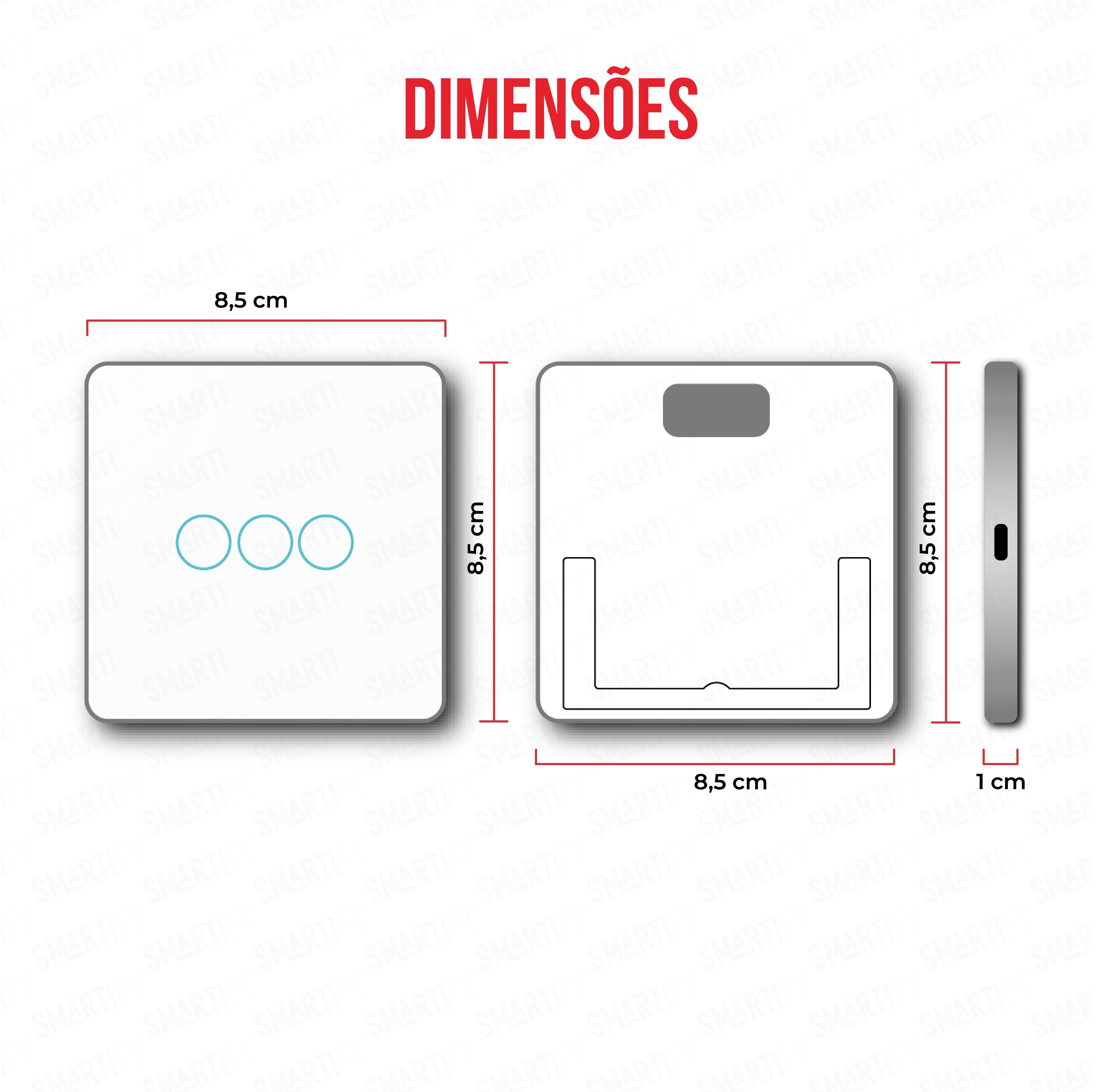Smartify vPRO Comando de Cenários 3 Botões (9 Cenários) Branco – dimensões de espelho compacto com acabamento em vidro temperado.
