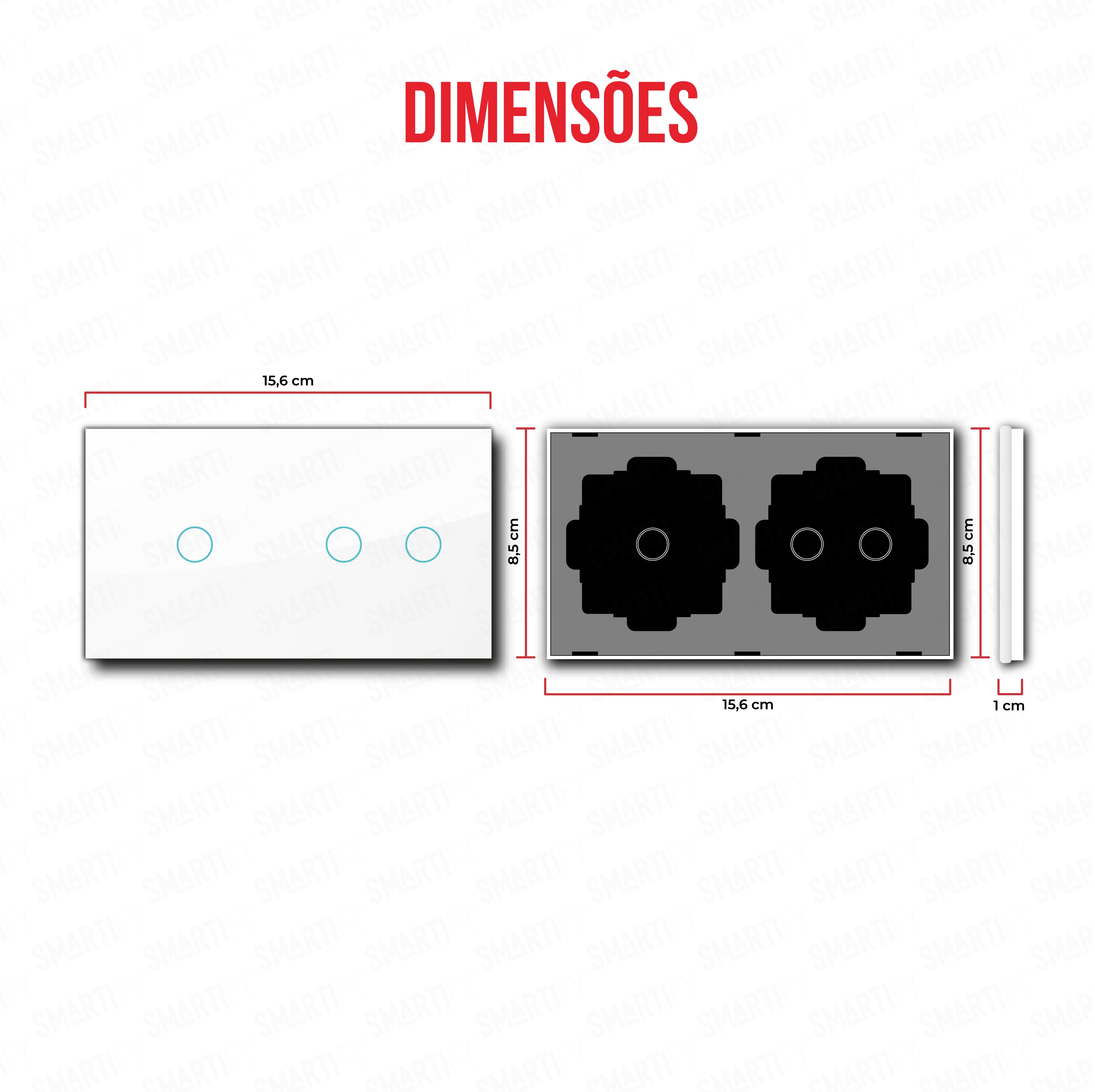 Smartify vPRO Espelho Duplo (1 botão + 2 botões) Branco – dimensões de espelho compacto com acabamento em vidro temperado.