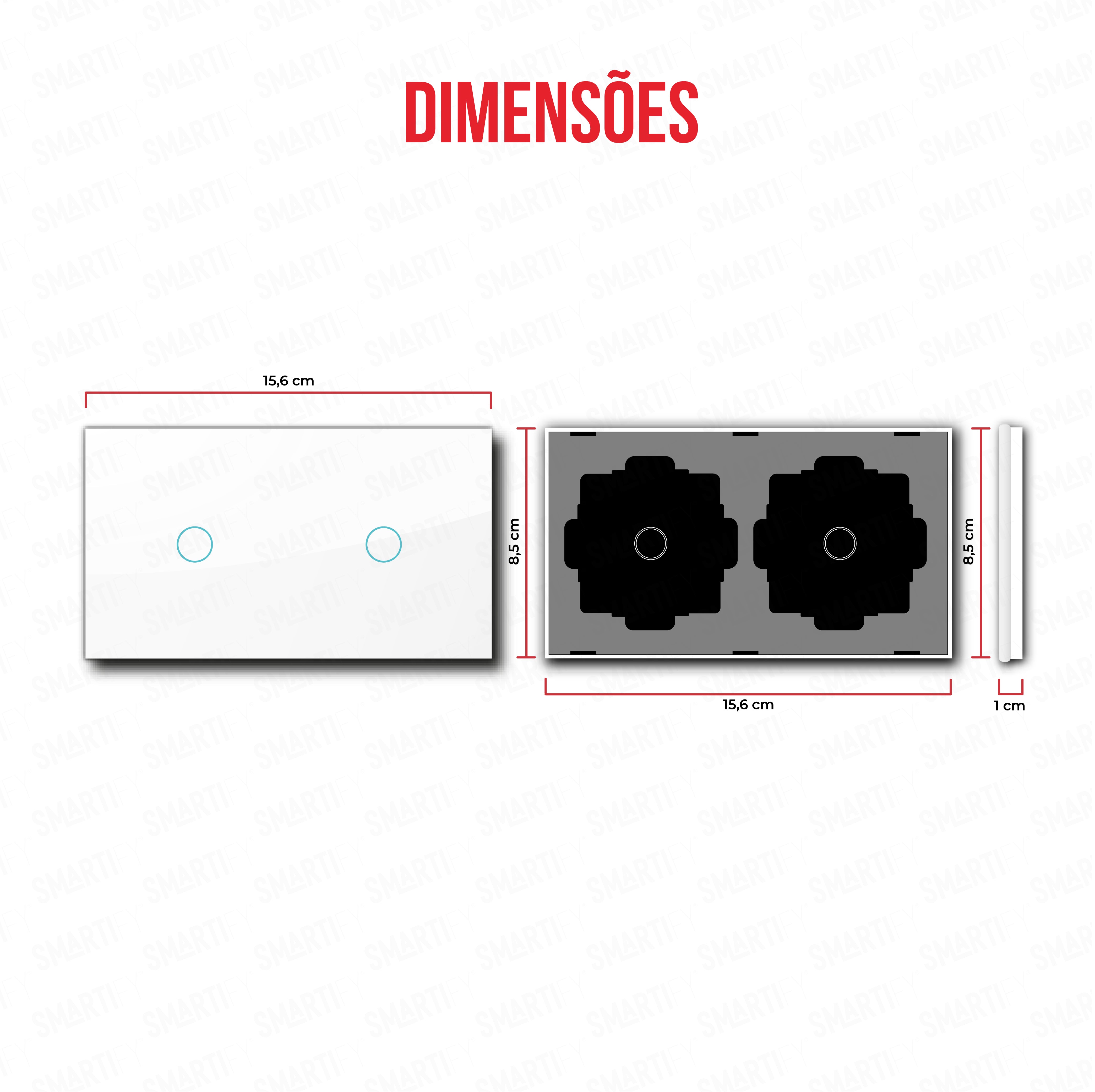 Smartify vPRO Espelho Duplo (1 botão + 1 botão) Branco – dimensões de espelho compacto com acabamento em vidro temperado.