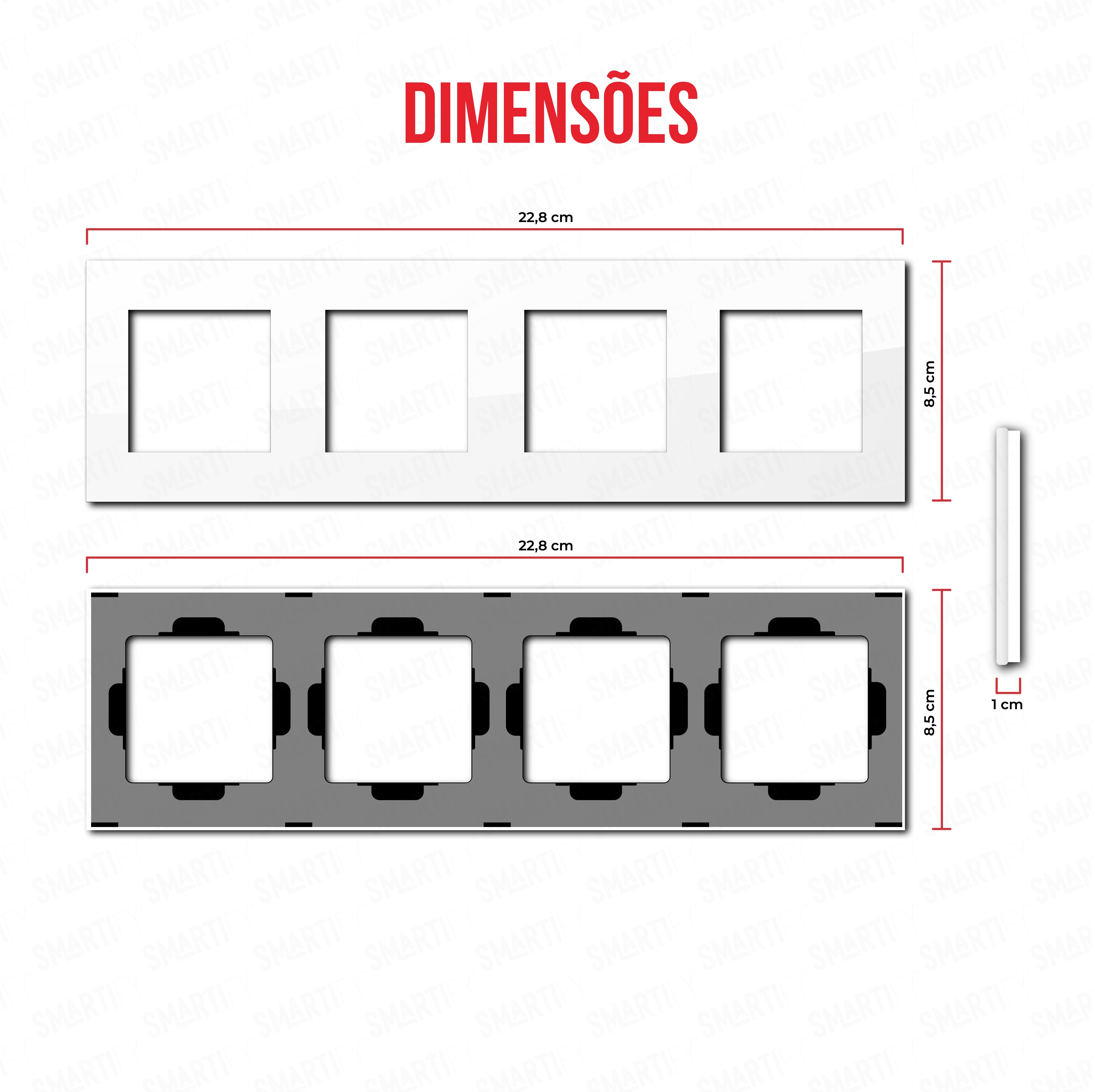 Smartify vPRO Espelho Quadruplo Moldura + Moldura + Moldura + Moldura Branco – dimensões de espelho compacto com acabamento em vidro temperado.