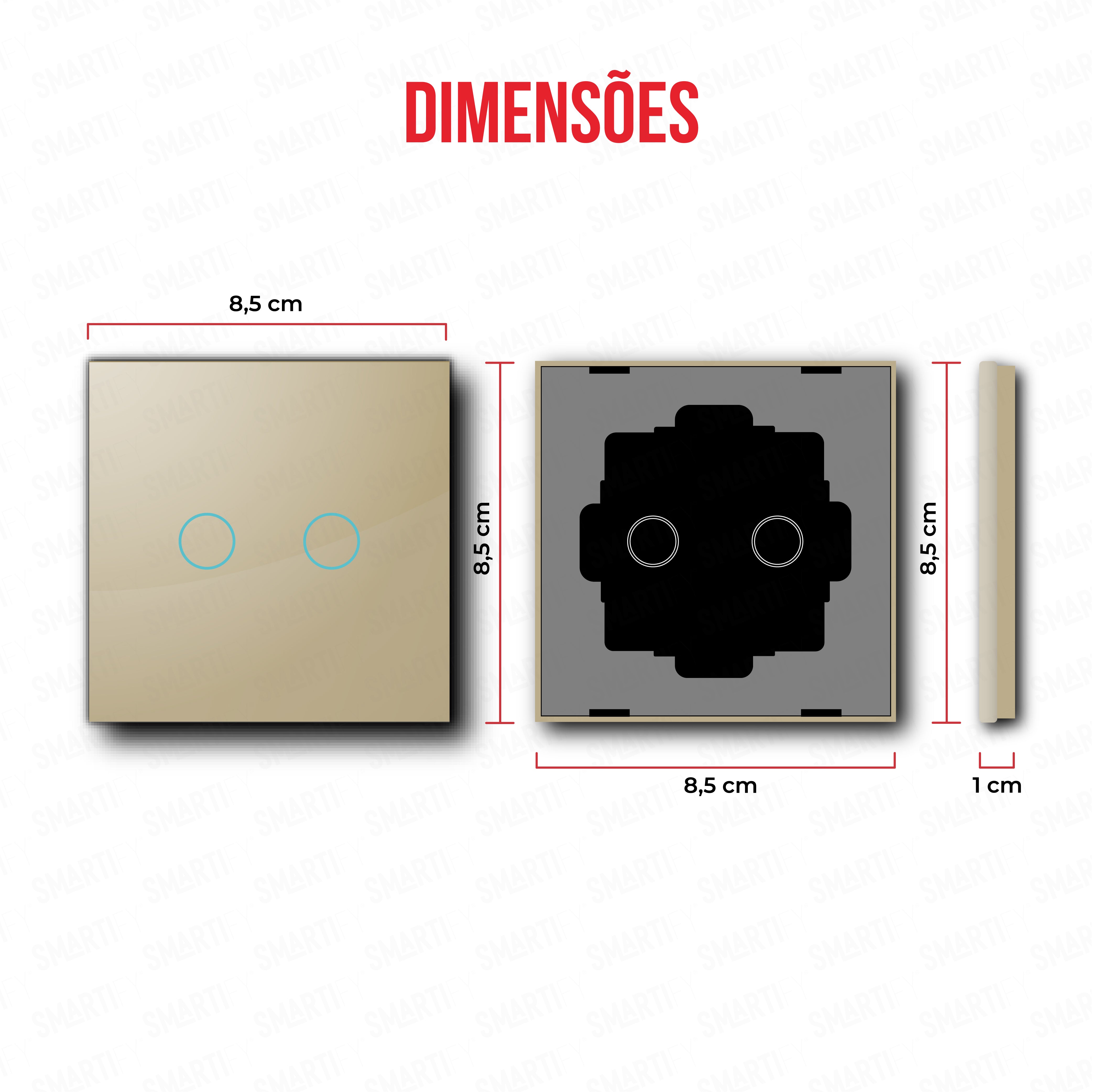 Smartify vPRO Espelho Simples de 2 botões Dourado – dimensões de espelho compacto com acabamento em vidro temperado.