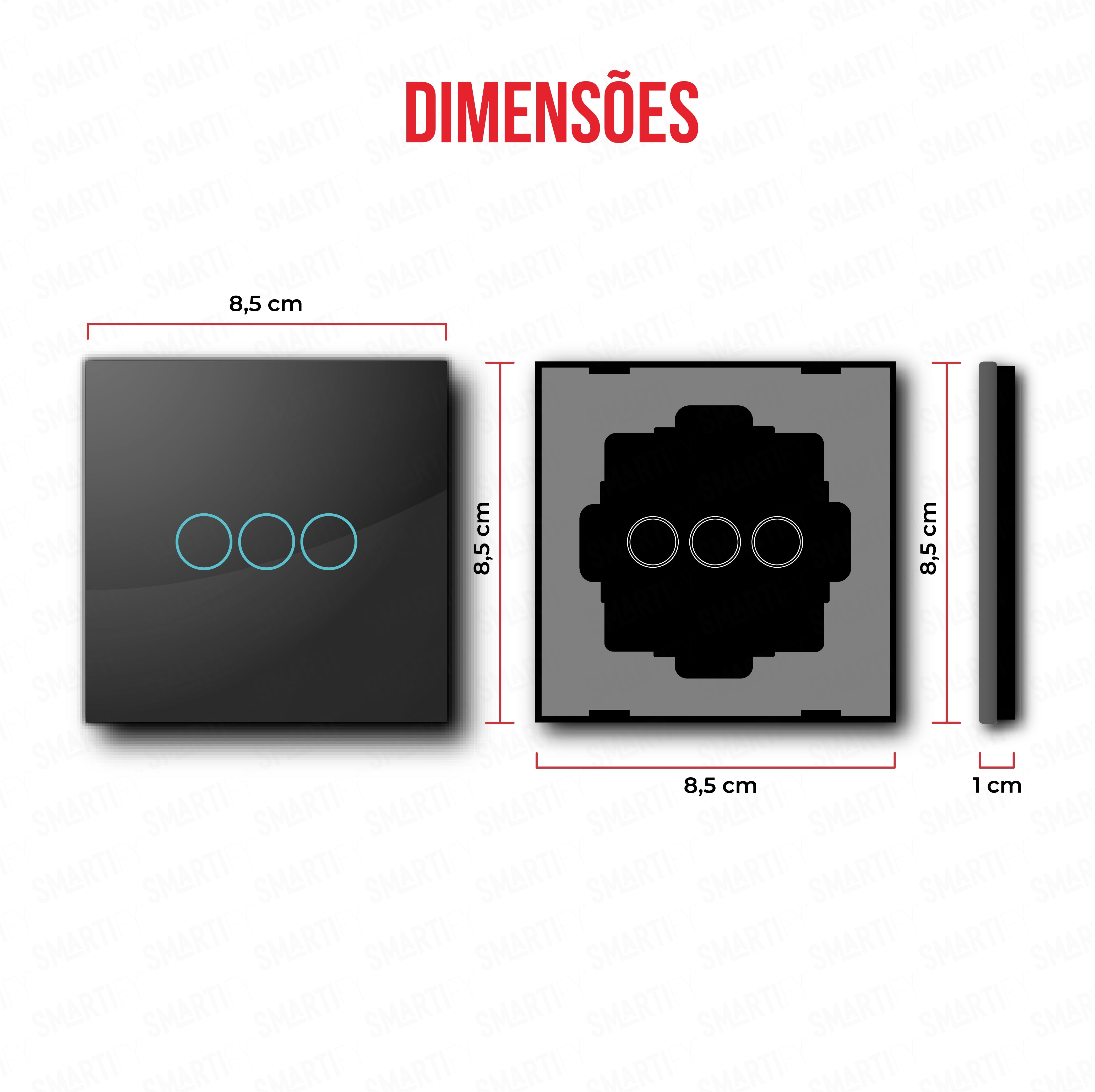 Smartify vPRO Espelho Simples de 3 botões Preto – dimensões de espelho compacto com acabamento em vidro temperado.