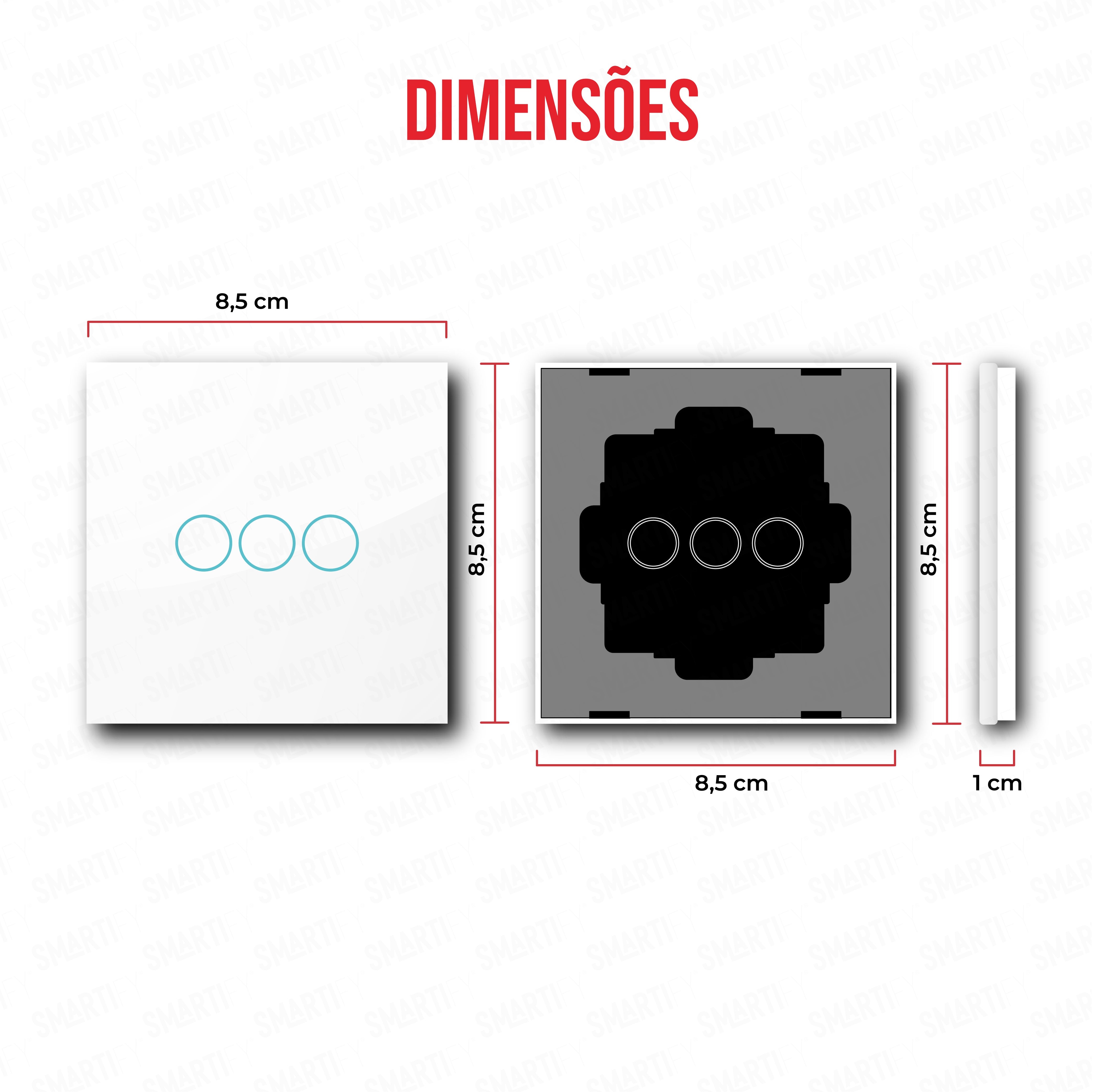 Smartify vPRO Espelho Simples de 3 botões Branco – dimensões de espelho compacto com acabamento em vidro temperado.