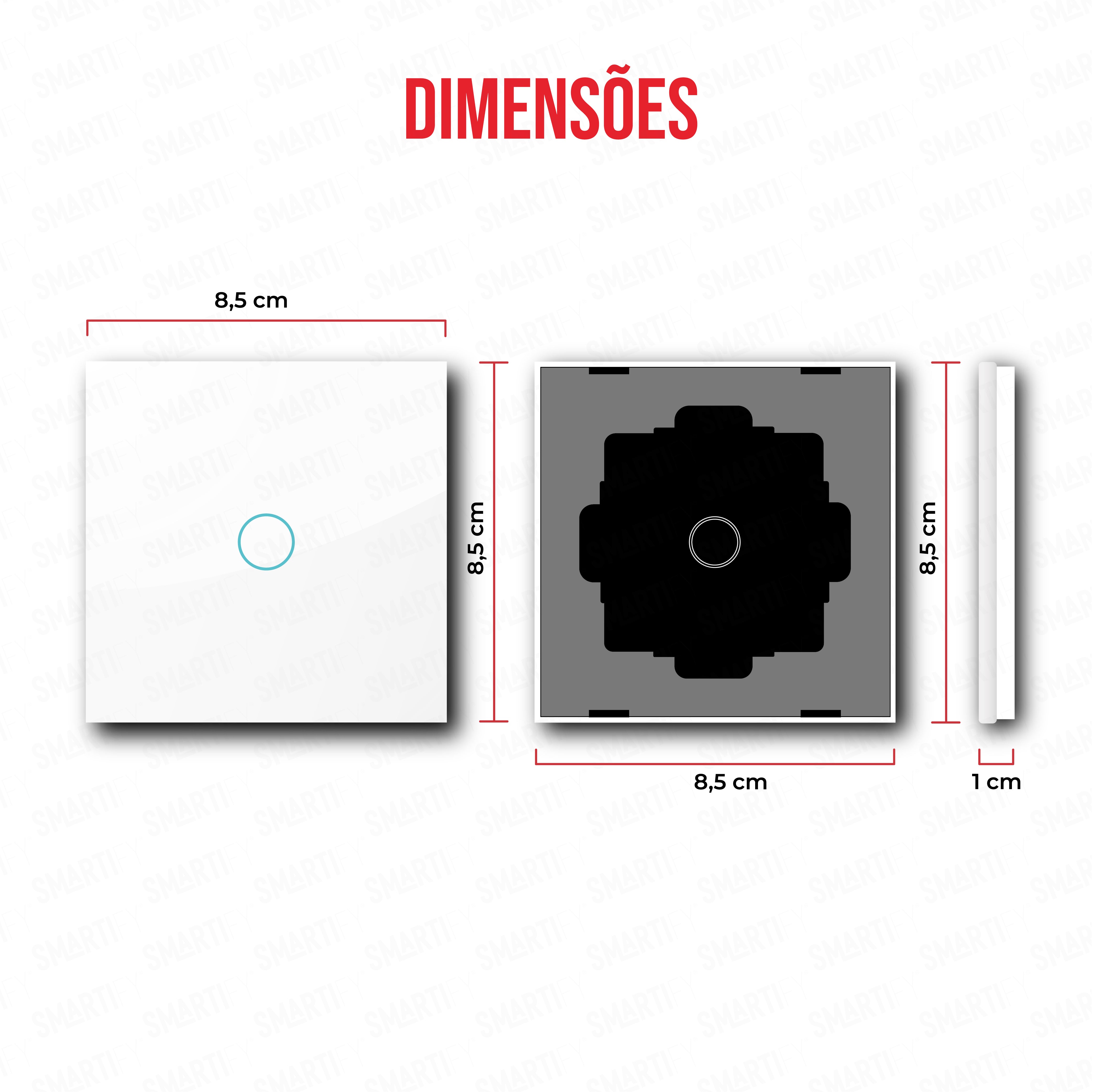 Smartify vPRO Espelho Simples de 1 botão Branco – dimensões de espelho compacto com acabamento em vidro temperado.