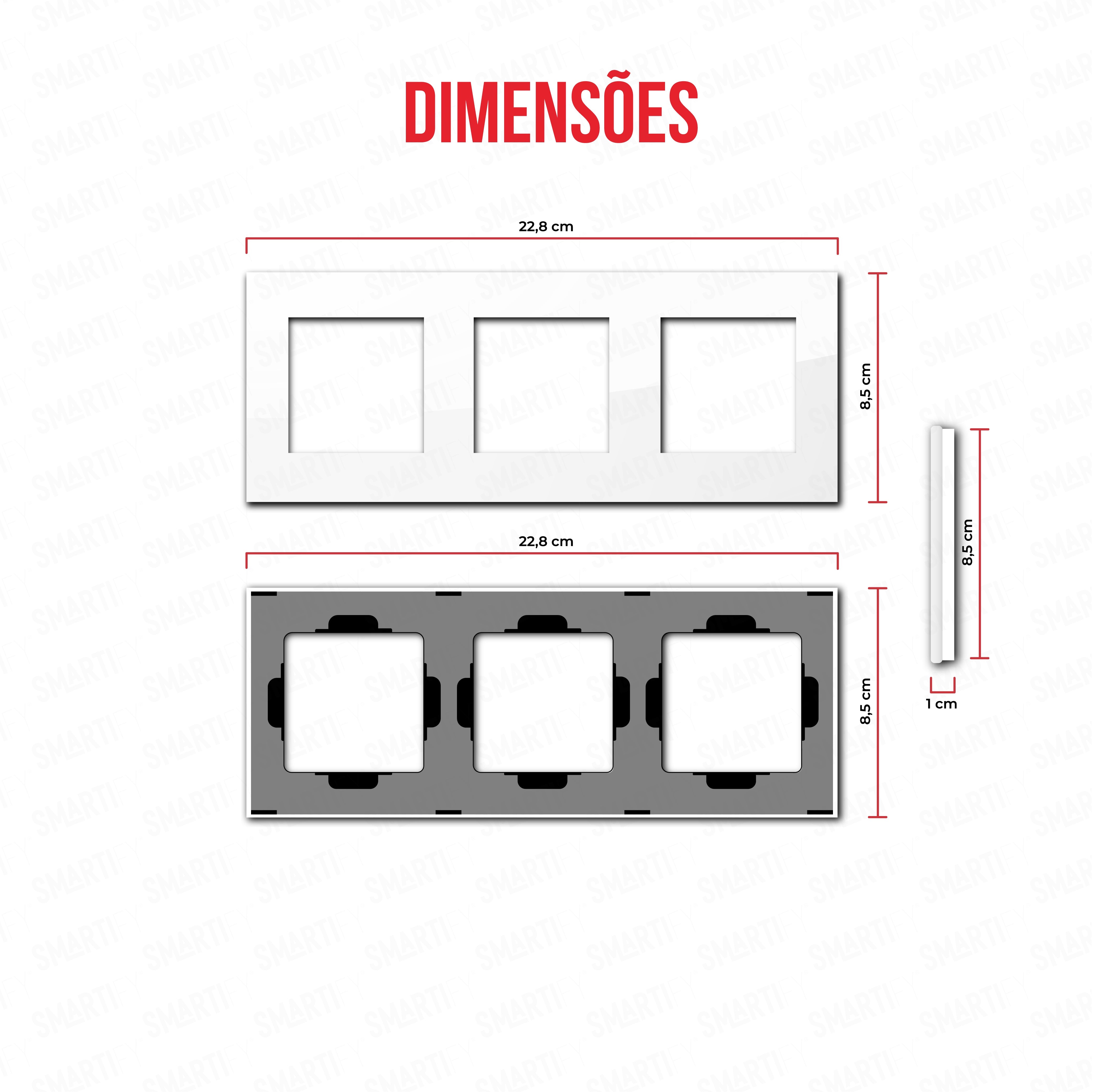 Smartify vPRO Espelho Triplo Moldura + Moldura + Moldura Branco – dimensões de espelho compacto com acabamento em vidro temperado.